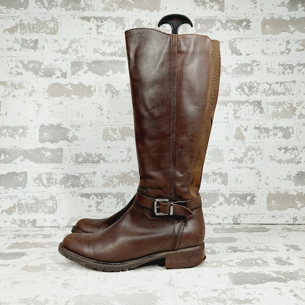Blondo Valente Brown Leather Elastic Panel Buckle Detail Riding Boots H684